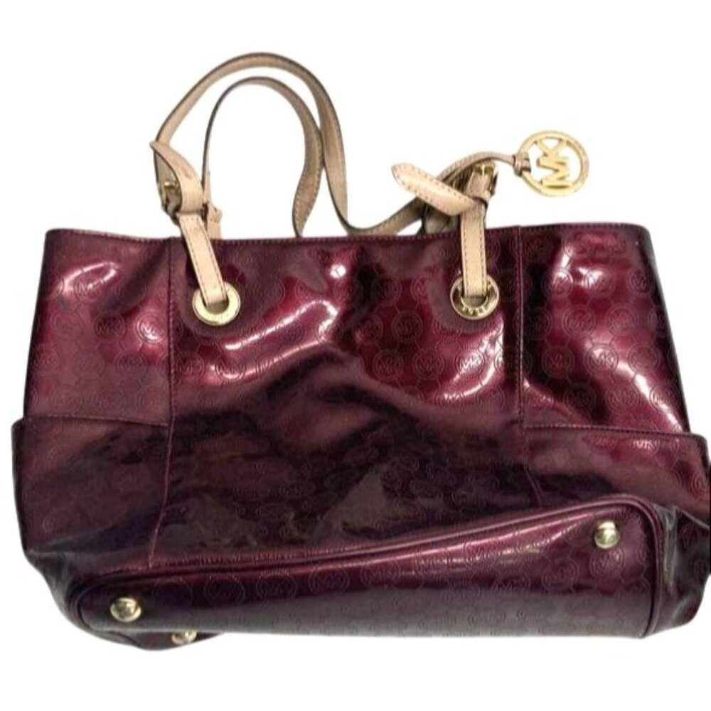 Michael Kors Burgundy Shoulder Patent Tote Bag With MK Monogram‎ Purse